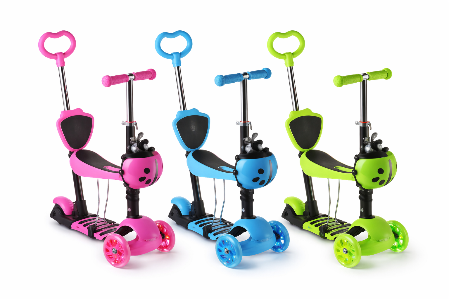 Самокат 5 в 1 з батьківською ручкою, сидінням і світними колесами - мініатюра 3