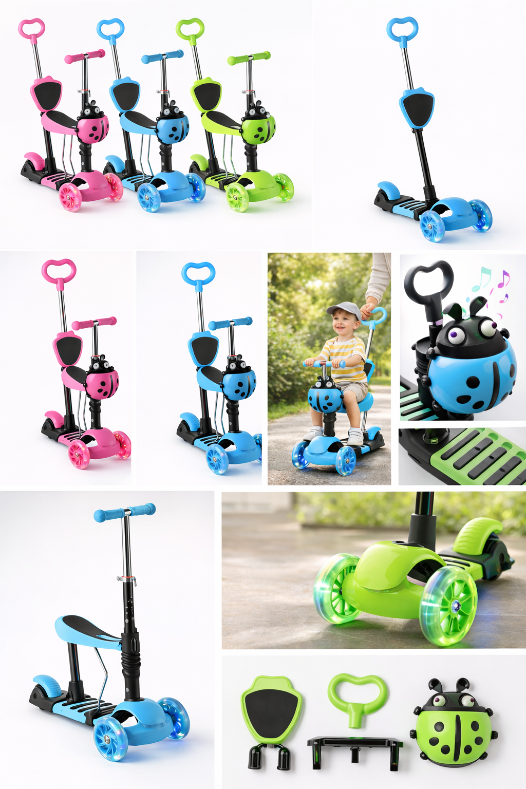 Самокат 5 в 1 з батьківською ручкою, сидінням і світними колесами - мініатюра 6