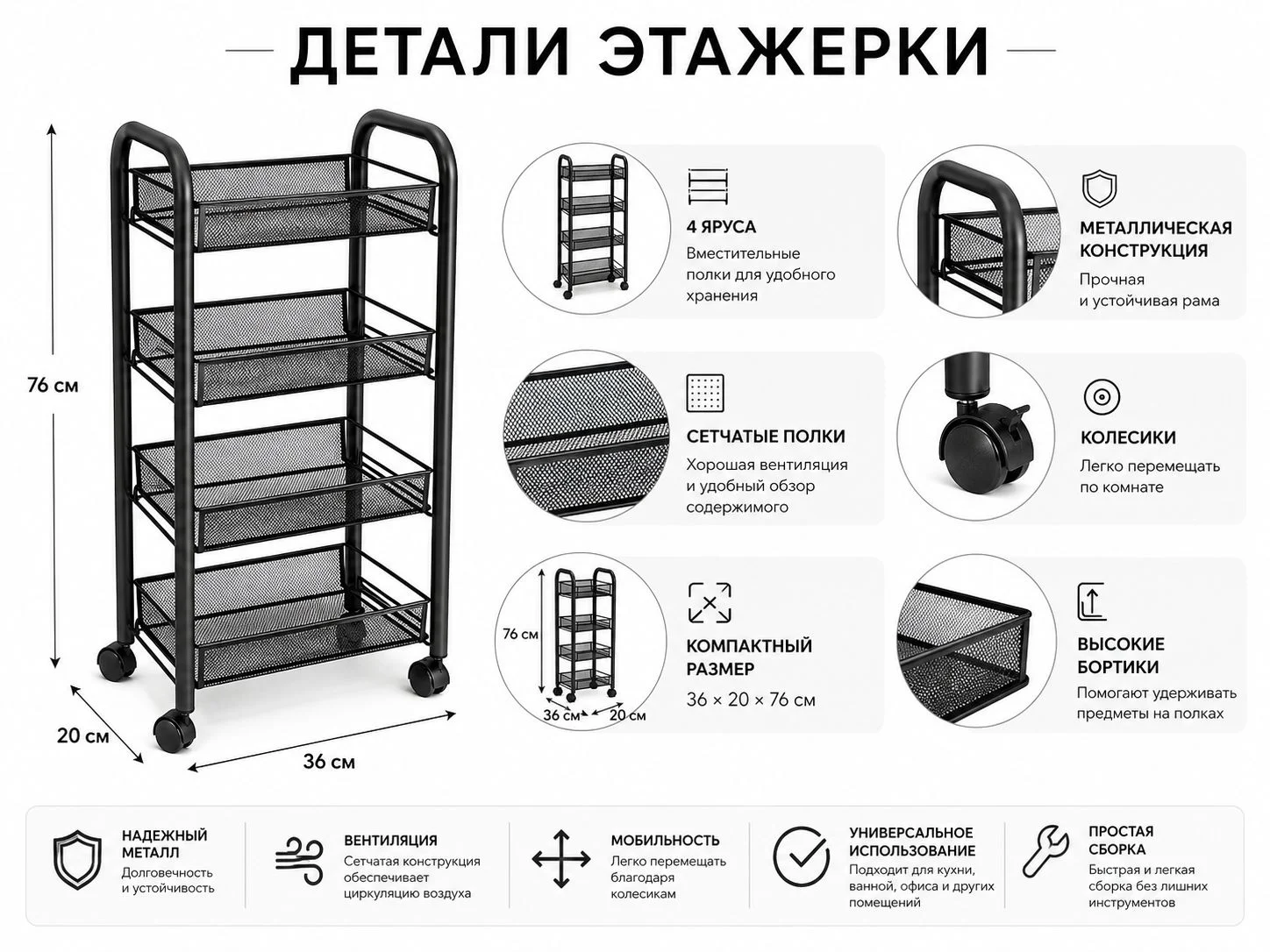 Полиця-етажерка на коліщатках 4 яруси 36×20×76 см - мініатюра 8