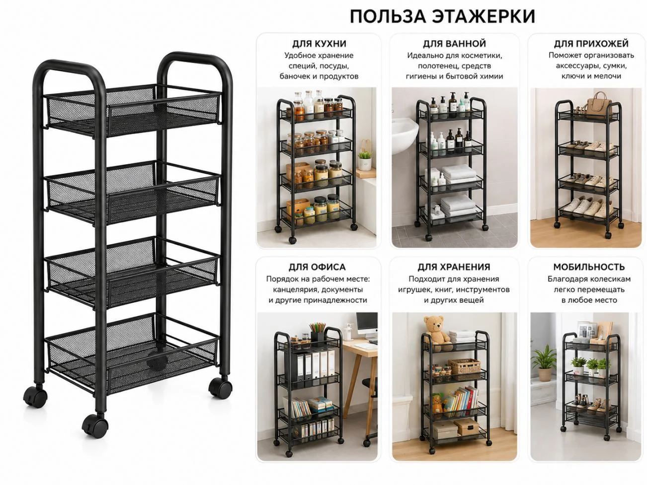 Полиця-етажерка на коліщатках 4 яруси 36×20×76 см - мініатюра 9