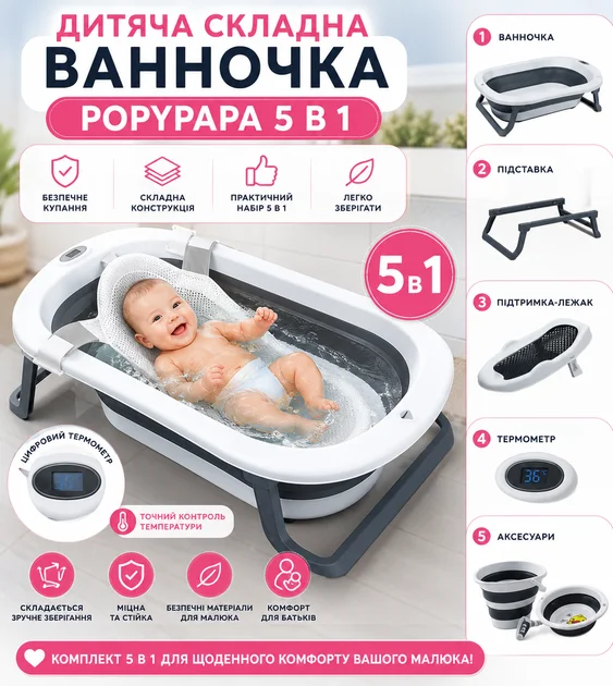Набір для купання дитини 5 в 1 X-652 біло-сірий - мініатюра 4