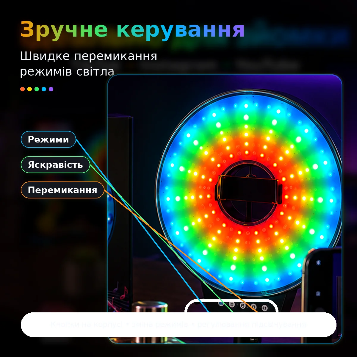 Світлодіодна LED лампа MJ-261 кільцева RGB 26 см з USB підключенням - мініатюра 6