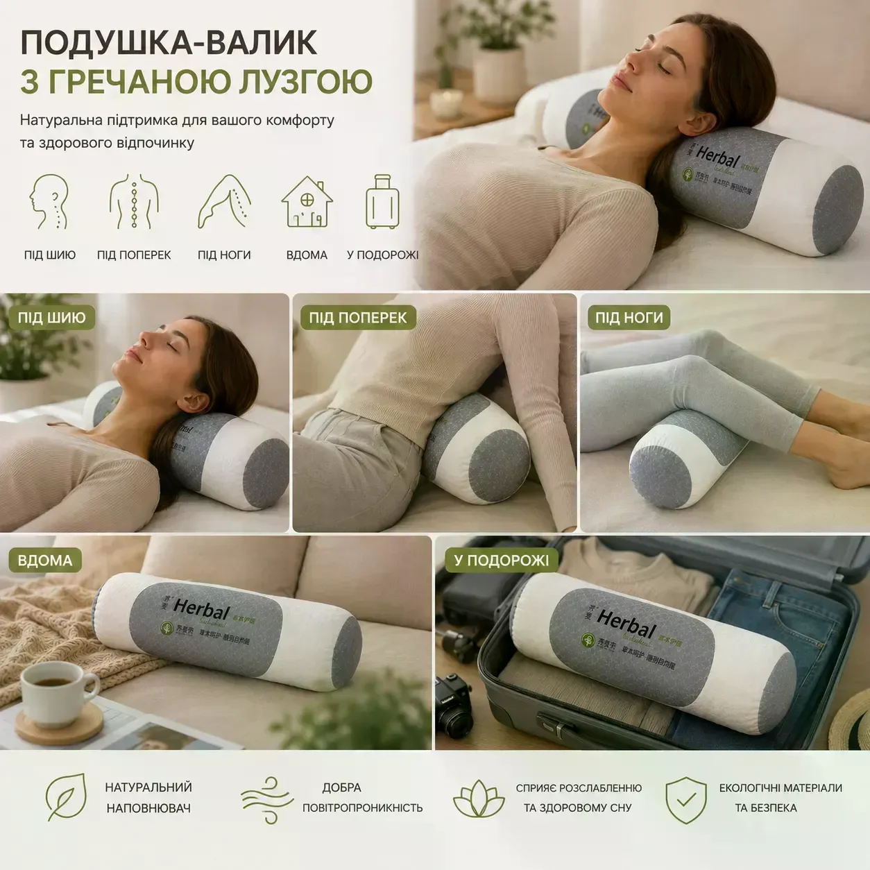 Подушка для шиї з гречаною лузгою 40×15×12 см - мініатюра 2