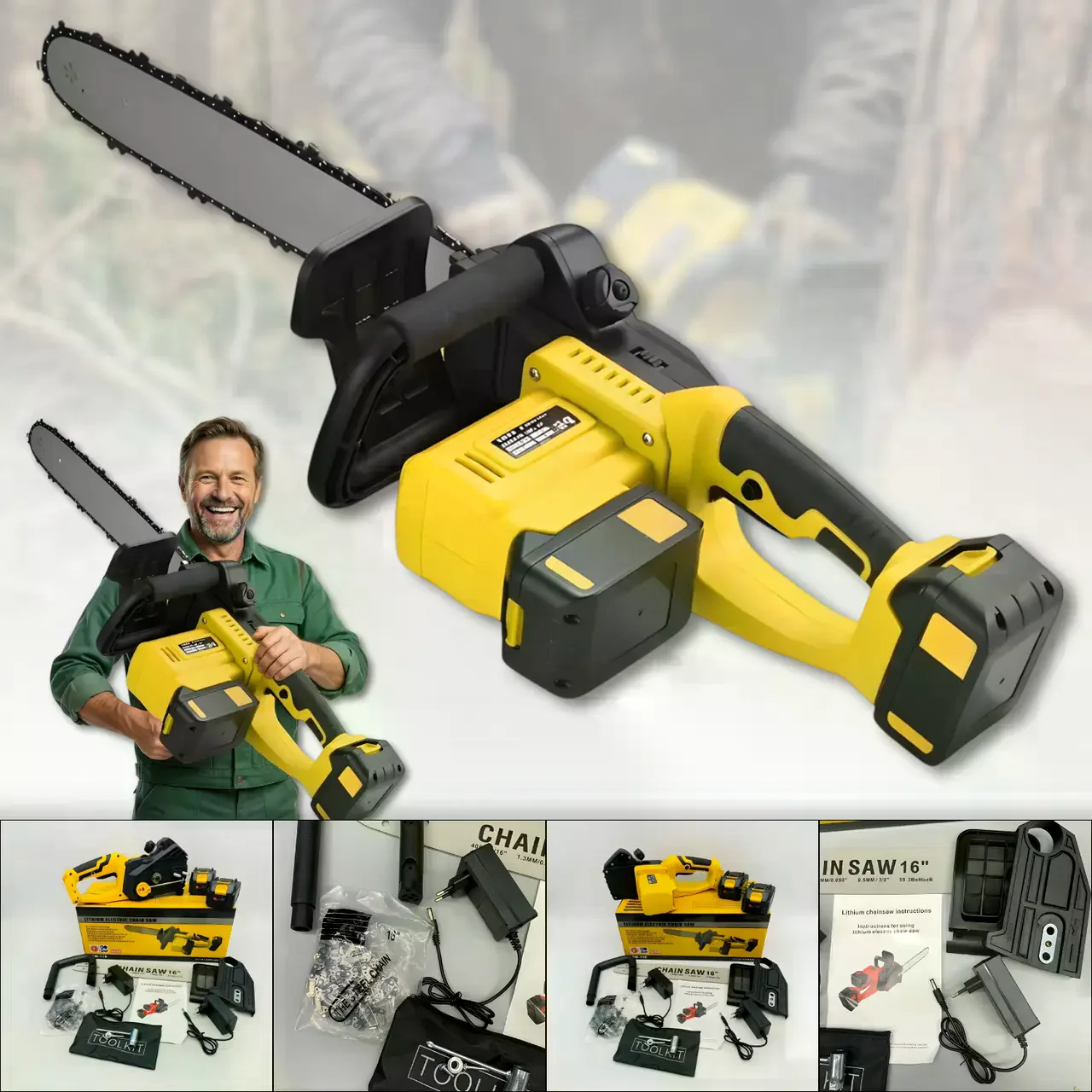 Акумуляторна ланцюгова пила Electric SAW 16" з 2 акумуляторами жовта - мініатюра 8