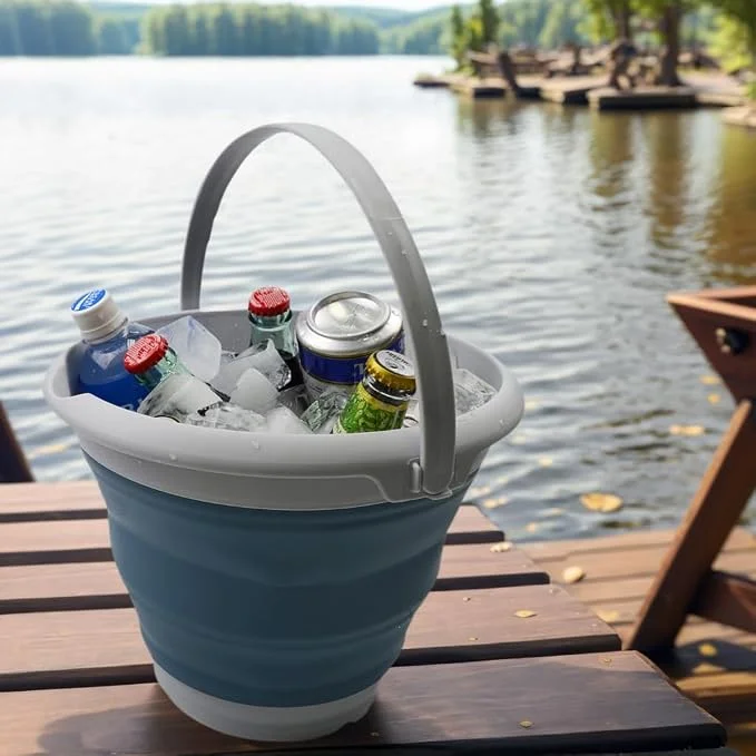 Складане силіконове відро 10 л сіре з ручкою для води та господарських завдань - мініатюра 6