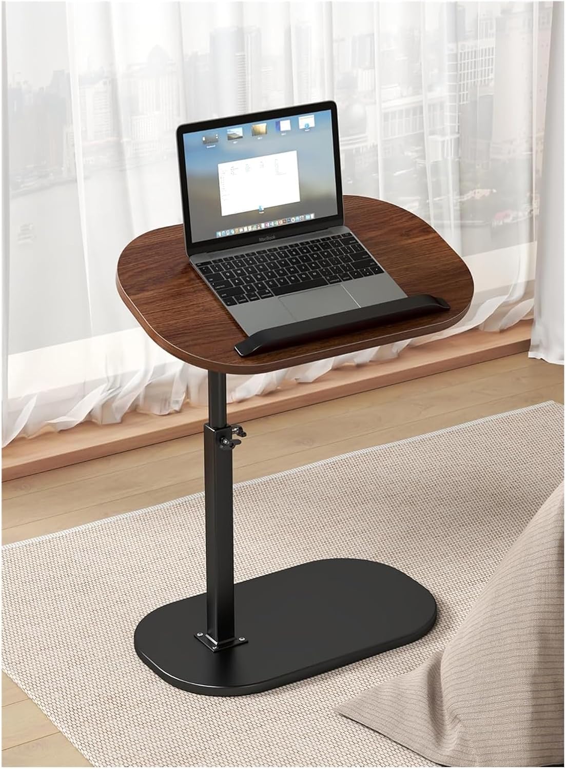 Наддиванний овальний журнальний столик 64201 із регулюванням висоти приліжковий • Приставний столик із регульованою висотою 45х28х60 см