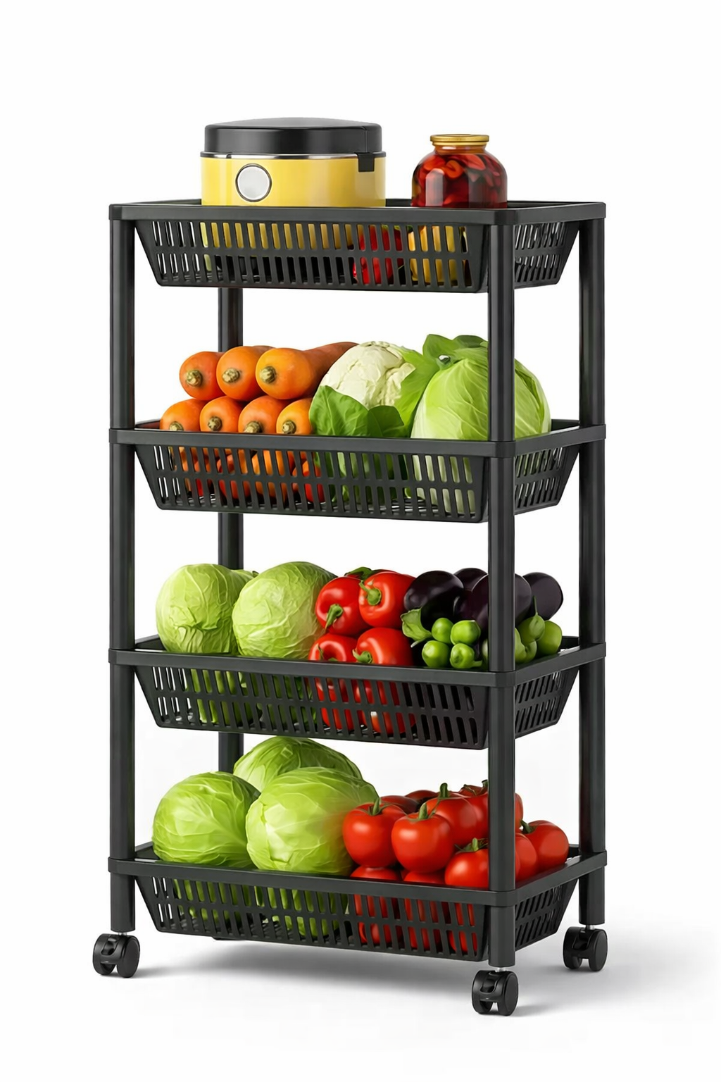 Етажерка універсальна 4-рівнева на колесах • Підлоговий стелаж-органайзер для кухні, ванної та дому