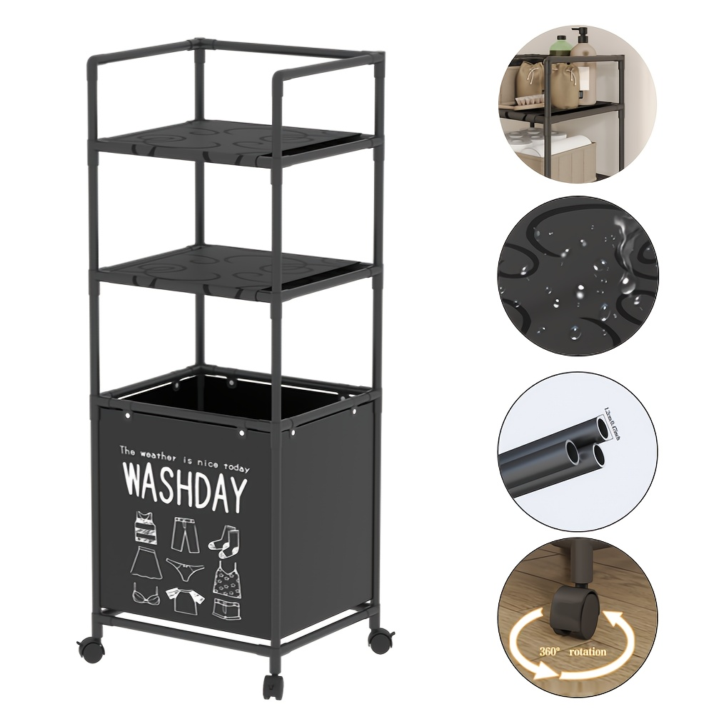 Кошик для білизни у ванну з 2 полицями 130х42х31 см чорний • Підлоговий стелаж-органайзер для білизни та зберігання речей