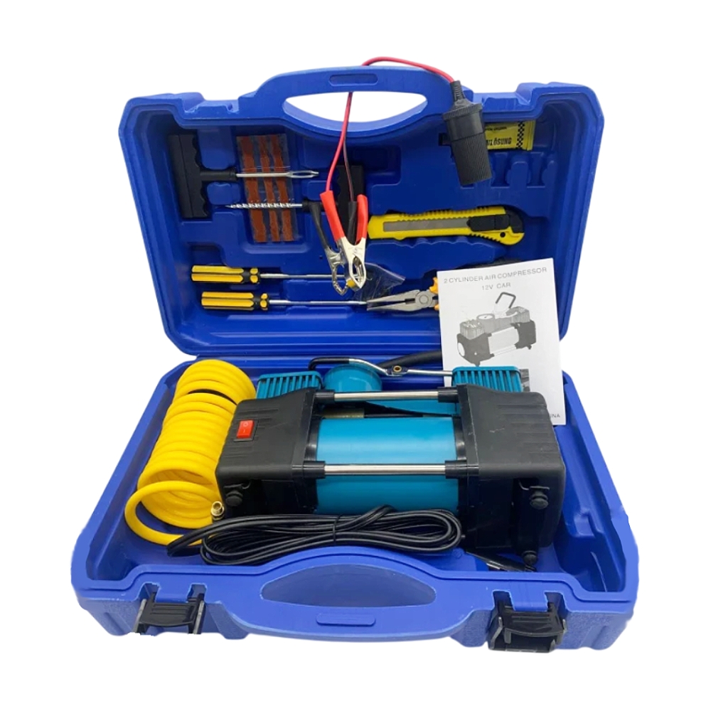 Автокомпресор автомобільний двопоршневий компресор • Компресор двопоршневий з набором інструментів у кейсі