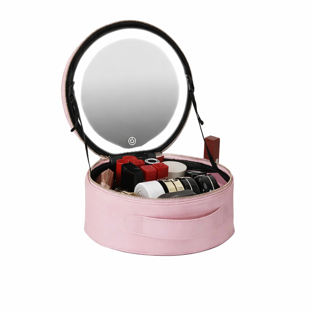 Органайзер-косметичка з екошкіри NiceLand з LED дзеркалом рожева • Дорожня косметичка для макіяжу, зберігання косметики та аксесуарів з підсвіткою і дзеркалом