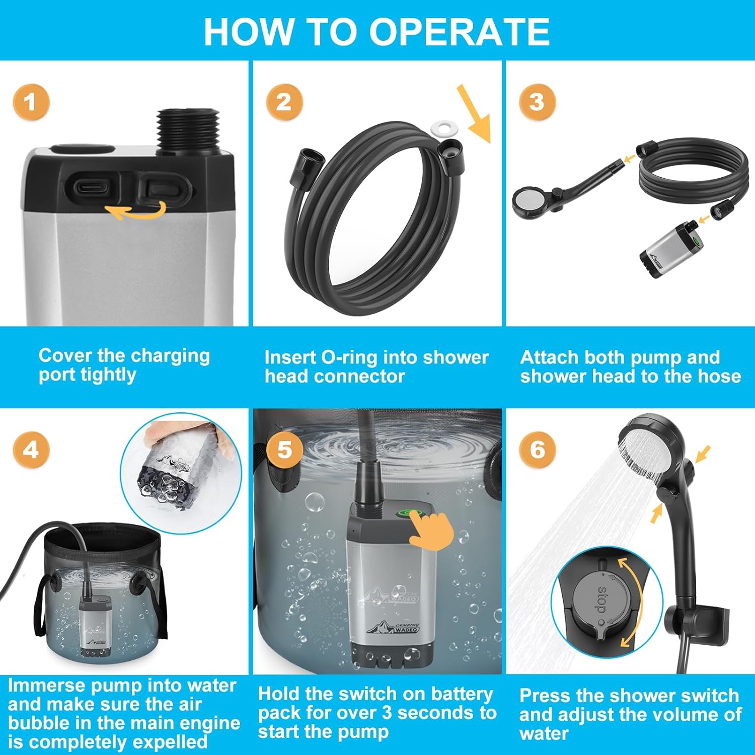 Кемпінговий душ 6000 mAh з насосом, дисплеєм температури та шлангом 2 м - мініатюра 5