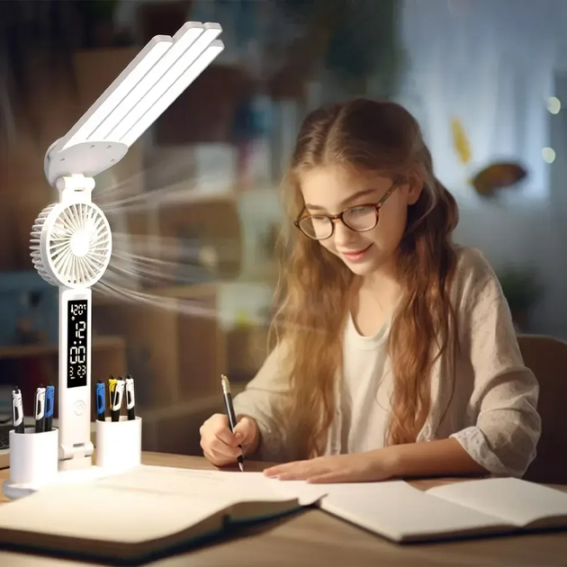 Настільна LED-лампа KRX-1011 з вентилятором, годинником і підставкою - мініатюра 2
