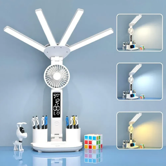 Настільна LED-лампа KRX-1011 з вентилятором, годинником і підставкою - мініатюра 3