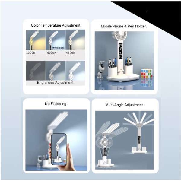Настільна LED-лампа KRX-1011 з вентилятором, годинником і підставкою - мініатюра 6