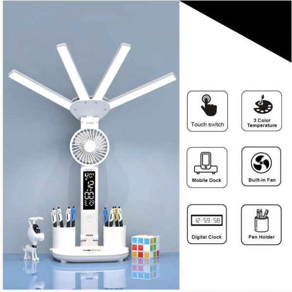 Настільна LED-лампа KRX-1011 з вентилятором, годинником і підставкою - мініатюра 9