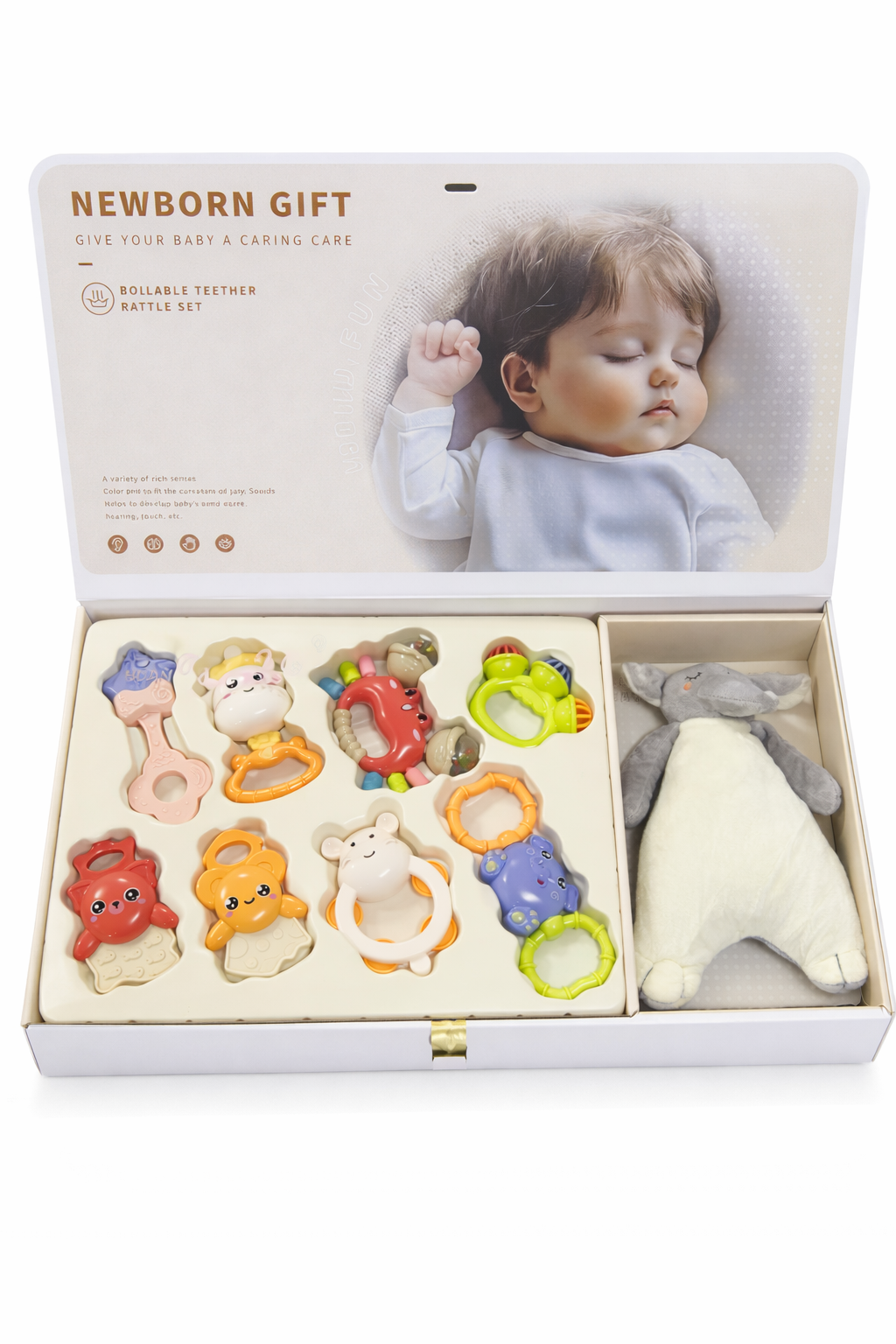 Дитячий набір брязкалець для новонароджених 9 в 1 X-653 • 8 брязкалець і м’яка іграшка в подарунковій коробці для малюка від народження