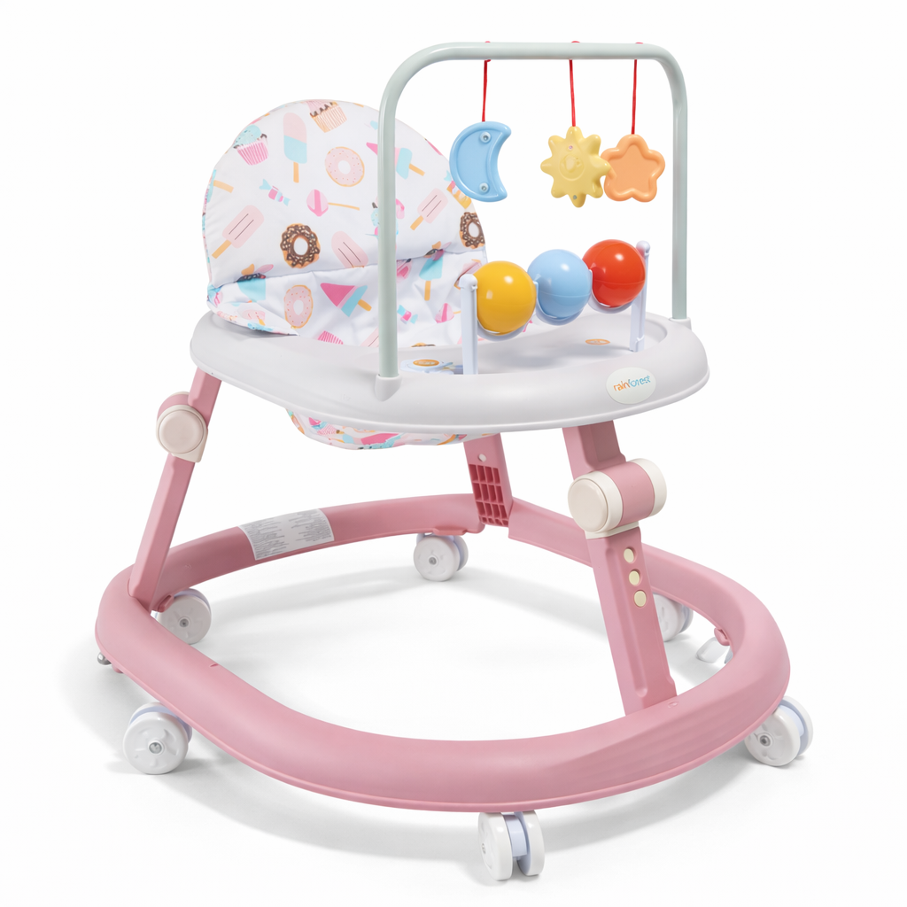 Дитячі ходунки рожеві музичні X-624 • Ходунки для малюків з регулюванням висоти, ігровими іграшками та колесами