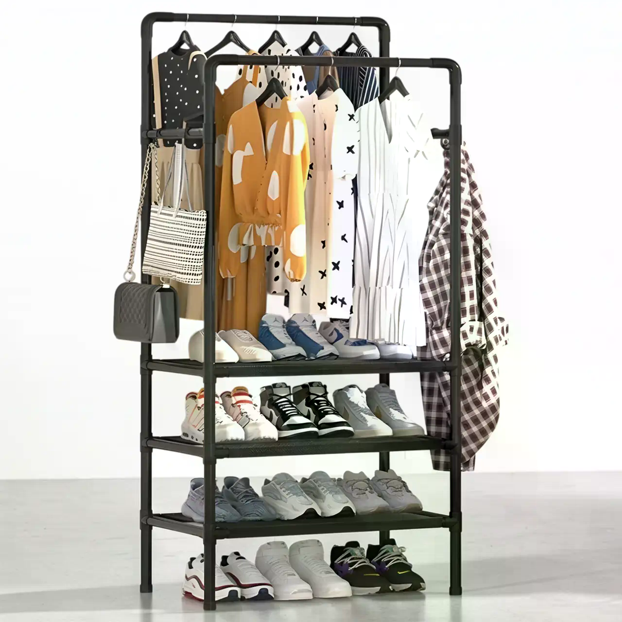 Підлогова вішалка-стійка для одягу 2453/YH9918-3 з полицями та двома перекладинами - мініатюра 1