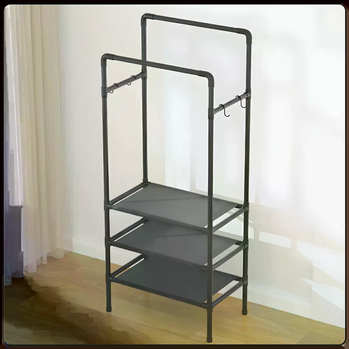 Підлогова вішалка-стійка для одягу 2453/YH9918-3 з полицями та двома перекладинами - мініатюра 2