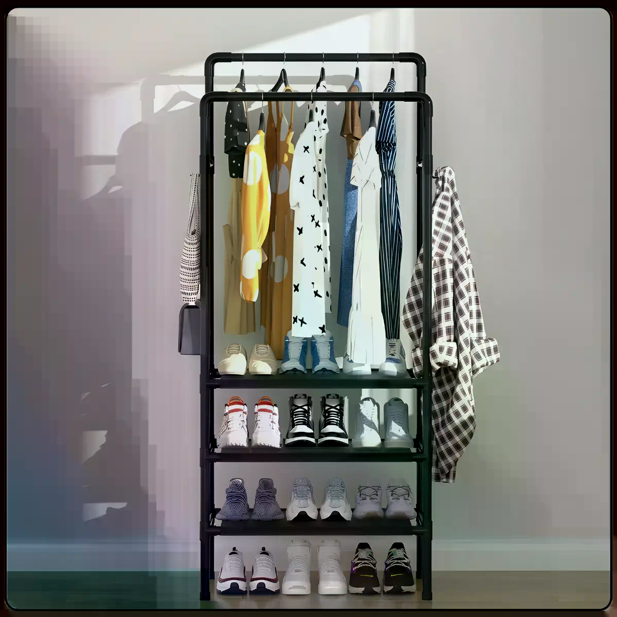 Підлогова вішалка-стійка для одягу 2453/YH9918-3 з полицями та двома перекладинами - мініатюра 4