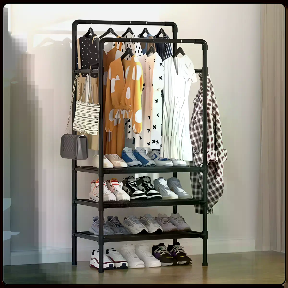 Підлогова вішалка-стійка для одягу 2453/YH9918-3 з полицями та двома перекладинами - мініатюра 7