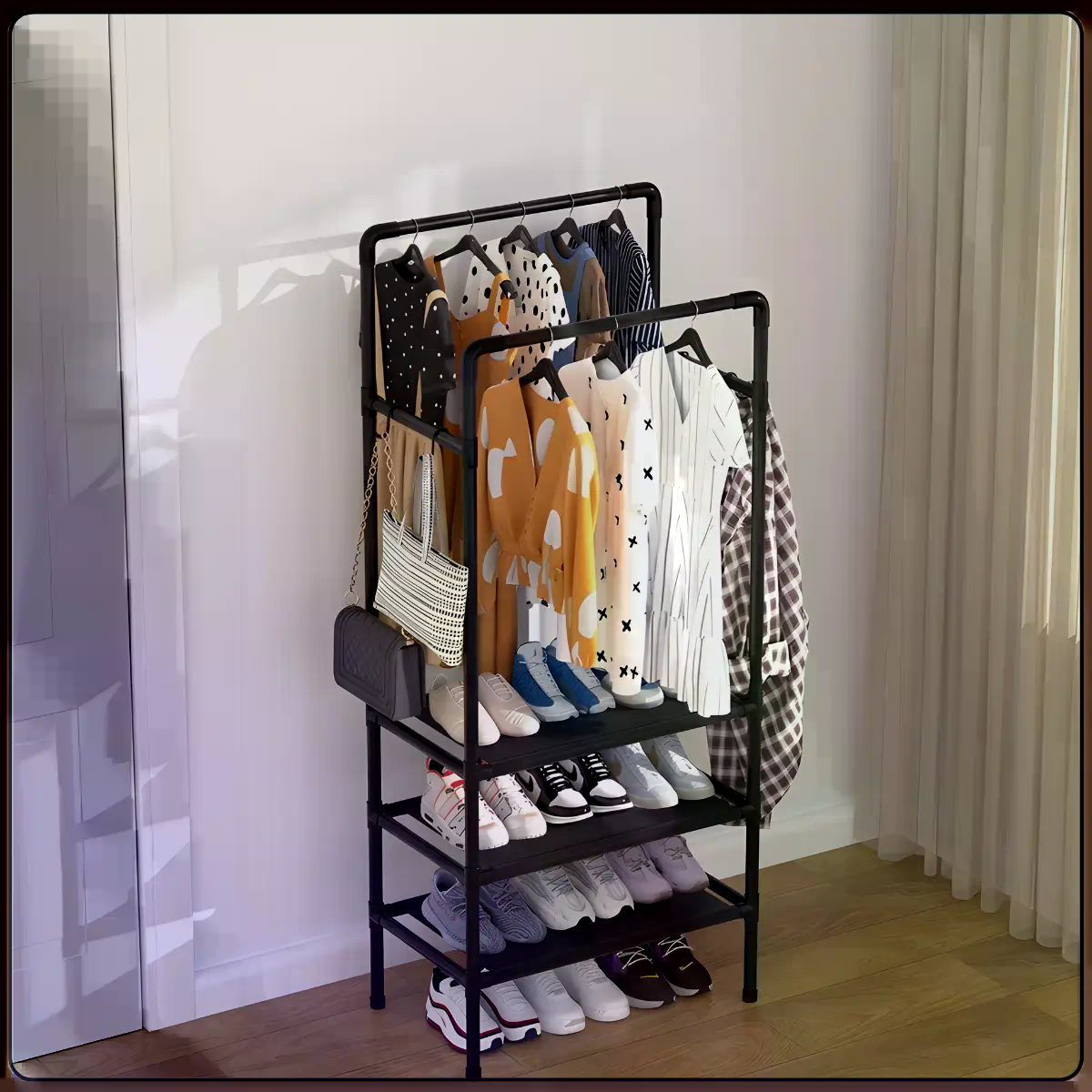 Підлогова вішалка-стійка для одягу 2453/YH9918-3 з полицями та двома перекладинами - мініатюра 8