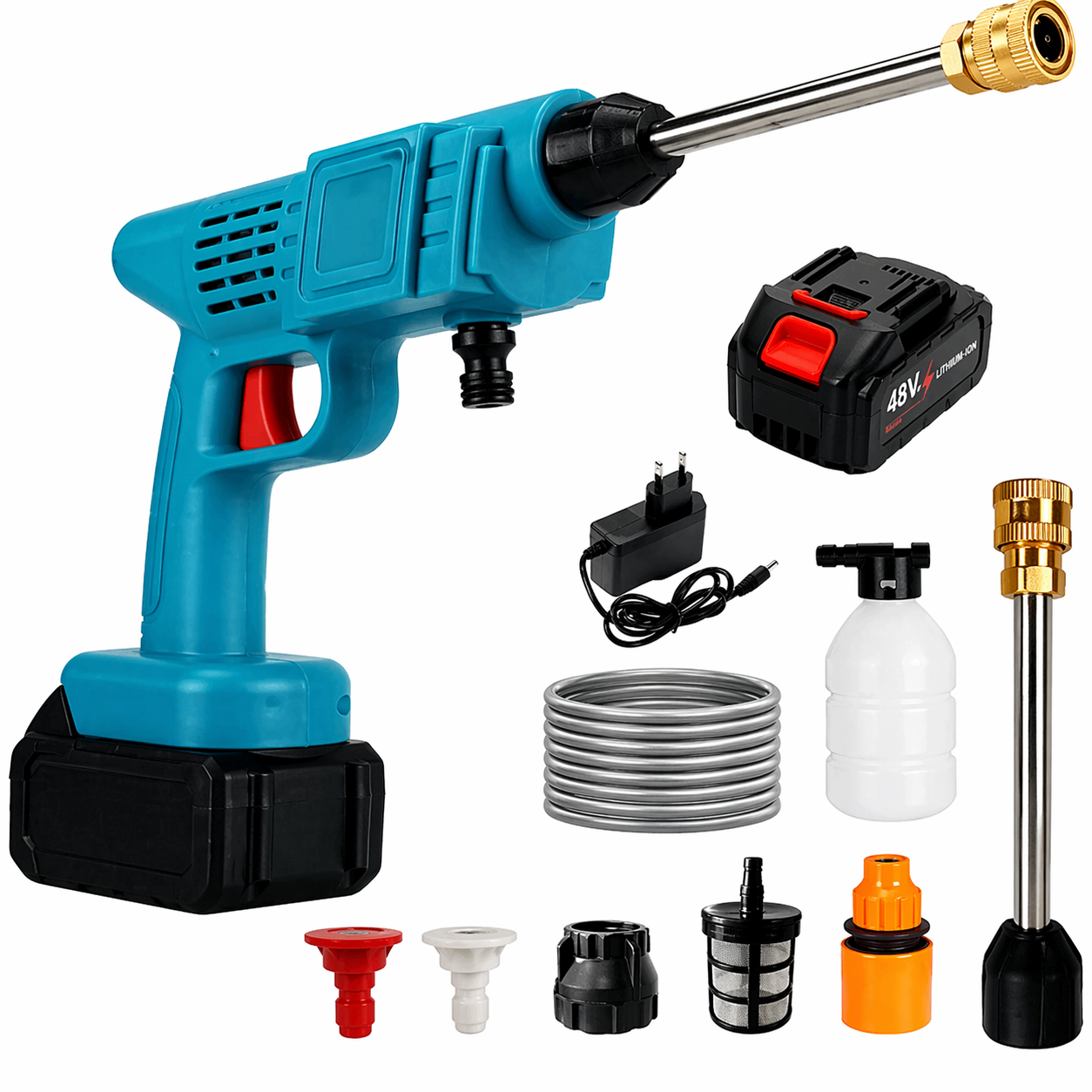 Акумуляторна мийка високого тиску 48V з піногенератором 2 акумулятори синя - мініатюра 1