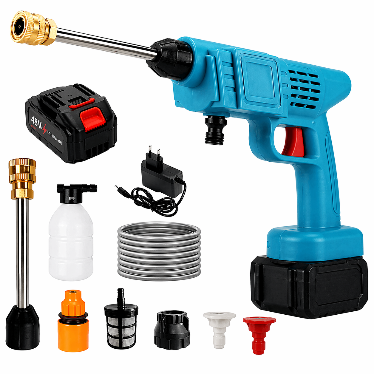 Акумуляторна мийка високого тиску 48V з піногенератором 2 акумулятори синя - мініатюра 8