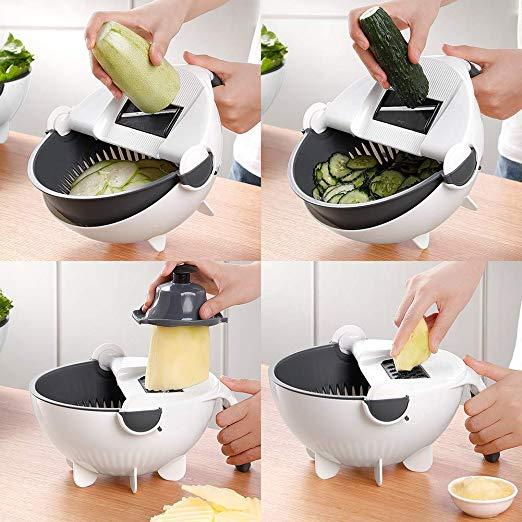 Овочерізка - мультислайсер з кошиком 9 в 1 WET BASKET VEGETABLE CUTTER Багатофункціональна ручна терка-шинковка з ємністю - мініатюра 2